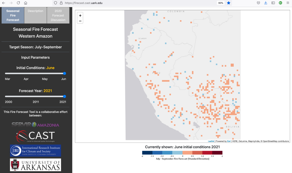Figura 2. Previsão da temporada de incêndios- Julho a Setembro 2021 (inicializada em junho). https://firecast.cast.uark.edu/ 