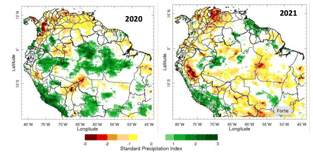 Figura 4. Julho-Setembro de 2020 (a) anomalias padronizadas de focos de calor e (b) índice de precipitación padronizado (SPI).