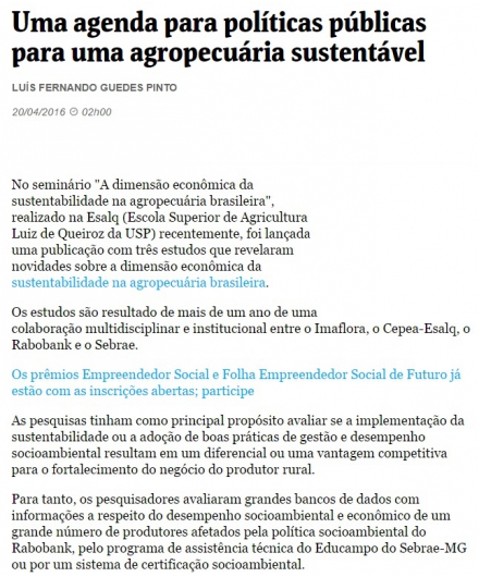 Uma agenda para políticas públicas para uma agropecuária sustentável